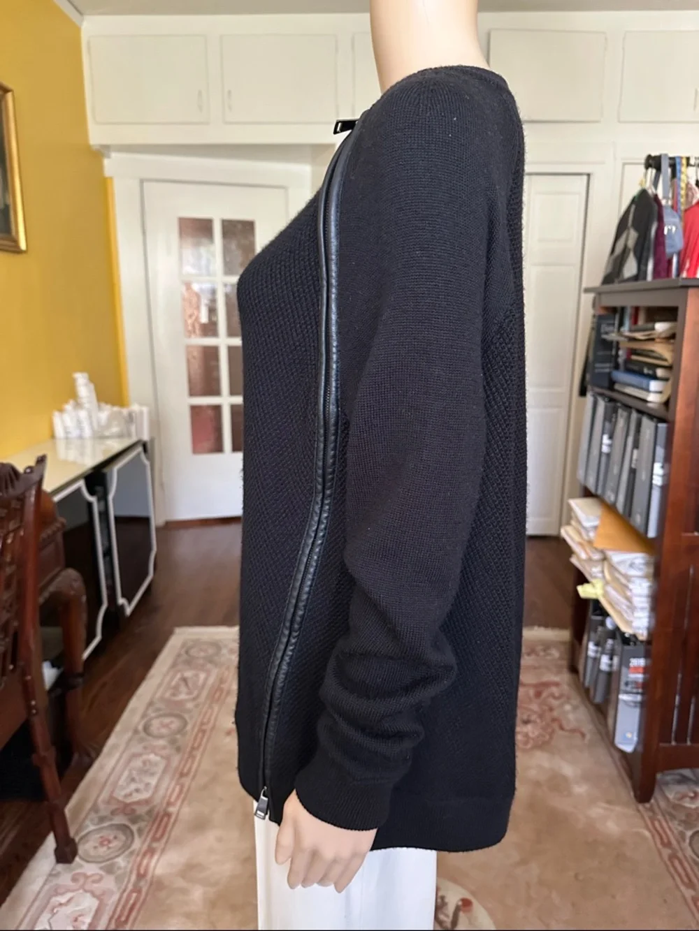 Vince Black Wool Asymmetrical Leather Trim Zip Sweater Size M